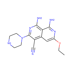 CCOc1cc2c(C#N)c(N3CCNCC3)nc(N)c2c(N)n1 ZINC000003300094