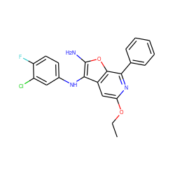 CCOc1cc2c(Nc3ccc(F)c(Cl)c3)c(N)oc2c(-c2ccccc2)n1 ZINC000223028010