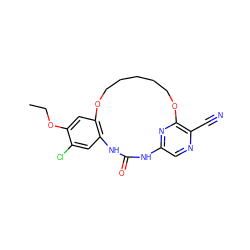 CCOc1cc2c(cc1Cl)NC(=O)Nc1cnc(C#N)c(n1)OCCCCCO2 ZINC000014958220