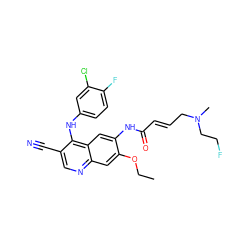 CCOc1cc2ncc(C#N)c(Nc3ccc(F)c(Cl)c3)c2cc1NC(=O)/C=C/CN(C)CCF ZINC000064564785