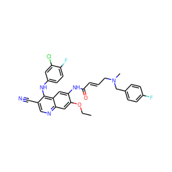 CCOc1cc2ncc(C#N)c(Nc3ccc(F)c(Cl)c3)c2cc1NC(=O)/C=C/CN(C)Cc1ccc(F)cc1 ZINC000064564623