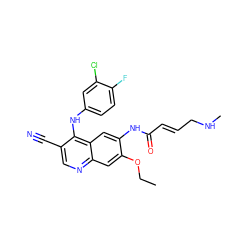 CCOc1cc2ncc(C#N)c(Nc3ccc(F)c(Cl)c3)c2cc1NC(=O)/C=C/CNC ZINC000034602560