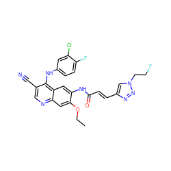 CCOc1cc2ncc(C#N)c(Nc3ccc(F)c(Cl)c3)c2cc1NC(=O)/C=C/c1cn(CCF)nn1 ZINC000064585738