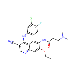 CCOc1cc2ncc(C#N)c(Nc3ccc(F)c(Cl)c3)c2cc1NC(=O)CCN(C)C ZINC000084671311