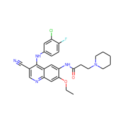 CCOc1cc2ncc(C#N)c(Nc3ccc(F)c(Cl)c3)c2cc1NC(=O)CCN1CCCCC1 ZINC000084757693