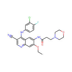 CCOc1cc2ncc(C#N)c(Nc3ccc(F)c(Cl)c3)c2cc1NC(=O)CCN1CCOCC1 ZINC000084671313