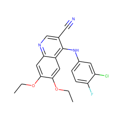 CCOc1cc2ncc(C#N)c(Nc3ccc(F)c(Cl)c3)c2cc1OCC ZINC000003815413