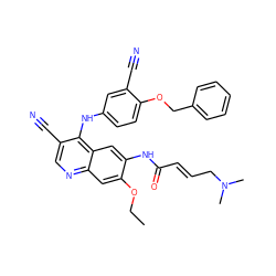 CCOc1cc2ncc(C#N)c(Nc3ccc(OCc4ccccc4)c(C#N)c3)c2cc1NC(=O)/C=C/CN(C)C ZINC000028122054