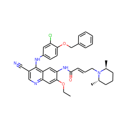 CCOc1cc2ncc(C#N)c(Nc3ccc(OCc4ccccc4)c(Cl)c3)c2cc1NC(=O)/C=C/CN1[C@@H](C)CCC[C@@H]1C ZINC000028125430