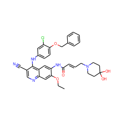 CCOc1cc2ncc(C#N)c(Nc3ccc(OCc4ccccc4)c(Cl)c3)c2cc1NC(=O)/C=C/CN1CCC(O)(O)CC1 ZINC000096307000