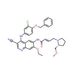 CCOc1cc2ncc(C#N)c(Nc3ccc(OCc4ccccc4)c(Cl)c3)c2cc1NC(=O)/C=C/CN1CCC[C@@H]1COC ZINC000096306995