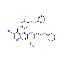 CCOc1cc2ncc(C#N)c(Nc3ccc(OCc4ccccc4)c(Cl)c3)c2cc1NC(=O)/C=C/CN1CCCCC1 ZINC000028119407