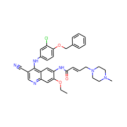 CCOc1cc2ncc(C#N)c(Nc3ccc(OCc4ccccc4)c(Cl)c3)c2cc1NC(=O)/C=C/CN1CCN(C)CC1 ZINC000028120162