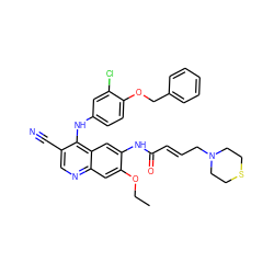 CCOc1cc2ncc(C#N)c(Nc3ccc(OCc4ccccc4)c(Cl)c3)c2cc1NC(=O)/C=C/CN1CCSCC1 ZINC000028113736