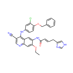 CCOc1cc2ncc(C#N)c(Nc3ccc(OCc4ccccc4)c(Cl)c3)c2cc1NC(=O)/C=C/Cc1c[nH]cn1 ZINC000028119987