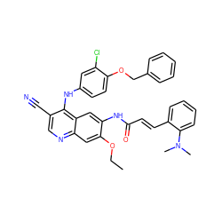 CCOc1cc2ncc(C#N)c(Nc3ccc(OCc4ccccc4)c(Cl)c3)c2cc1NC(=O)/C=C/c1ccccc1N(C)C ZINC000028127100