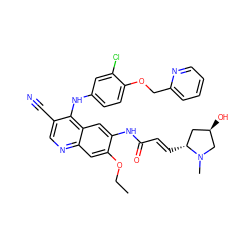 CCOc1cc2ncc(C#N)c(Nc3ccc(OCc4ccccn4)c(Cl)c3)c2cc1NC(=O)/C=C/[C@@H]1C[C@@H](O)CN1C ZINC000169710311