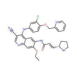 CCOc1cc2ncc(C#N)c(Nc3ccc(OCc4ccccn4)c(Cl)c3)c2cc1NC(=O)/C=C/[C@@H]1CCCN1 ZINC000144117036