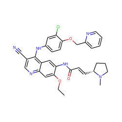 CCOc1cc2ncc(C#N)c(Nc3ccc(OCc4ccccn4)c(Cl)c3)c2cc1NC(=O)/C=C/[C@@H]1CCCN1C ZINC000068250554