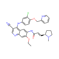 CCOc1cc2ncc(C#N)c(Nc3ccc(OCc4ccccn4)c(Cl)c3)c2cc1NC(=O)/C=C/[C@H]1CCCN1C ZINC000068250550