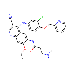 CCOc1cc2ncc(C#N)c(Nc3ccc(OCc4ccccn4)c(Cl)c3)c2cc1NC(=O)CCN(C)C ZINC000084653007