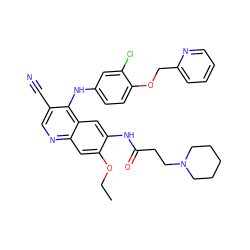 CCOc1cc2ncc(C#N)c(Nc3ccc(OCc4ccccn4)c(Cl)c3)c2cc1NC(=O)CCN1CCCCC1 ZINC000084653008