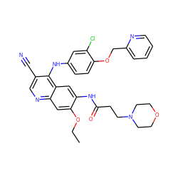 CCOc1cc2ncc(C#N)c(Nc3ccc(OCc4ccccn4)c(Cl)c3)c2cc1NC(=O)CCN1CCOCC1 ZINC000084653399