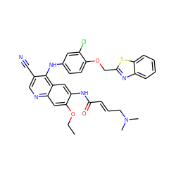 CCOc1cc2ncc(C#N)c(Nc3ccc(OCc4nc5ccccc5s4)c(Cl)c3)c2cc1NC(=O)/C=C/CN(C)C ZINC000028113786