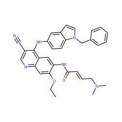 CCOc1cc2ncc(C#N)c(Nc3ccc4c(ccn4Cc4ccccc4)c3)c2cc1NC(=O)/C=C/CN(C)C ZINC000028119574