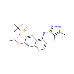 CCOc1cc2nccc(Nc3n[nH]c(C)c3C)c2cc1S(=O)(=O)C(C)(C)C ZINC000202143704