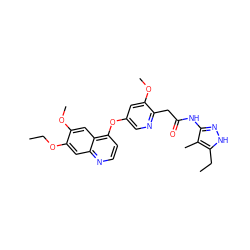 CCOc1cc2nccc(Oc3cnc(CC(=O)Nc4n[nH]c(CC)c4C)c(OC)c3)c2cc1OC ZINC000084596737