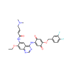 CCOc1cc2ncnc(NC3=CC(=O)C(OCc4ccc(F)c(F)c4)=CC3=O)c2cc1NC(=O)/C=C/CN(C)C ZINC000101124802