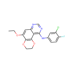 CCOc1cc2ncnc(Nc3ccc(F)c(Cl)c3)c2c2c1OCCO2 ZINC000653857053