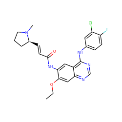 CCOc1cc2ncnc(Nc3ccc(F)c(Cl)c3)c2cc1NC(=O)/C=C/[C@H]1CCCN1C ZINC000144205497