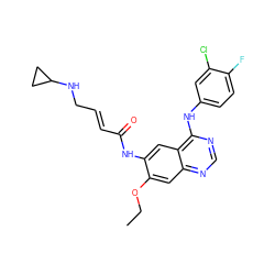 CCOc1cc2ncnc(Nc3ccc(F)c(Cl)c3)c2cc1NC(=O)/C=C/CNC1CC1 ZINC000473123122