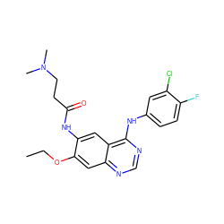 CCOc1cc2ncnc(Nc3ccc(F)c(Cl)c3)c2cc1NC(=O)CCN(C)C ZINC000084671549