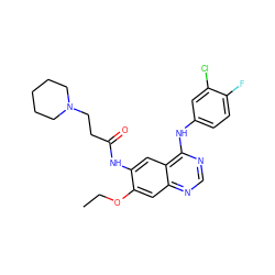 CCOc1cc2ncnc(Nc3ccc(F)c(Cl)c3)c2cc1NC(=O)CCN1CCCCC1 ZINC000084652147