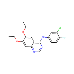 CCOc1cc2ncnc(Nc3ccc(F)c(Cl)c3)c2cc1OCC ZINC000013528699