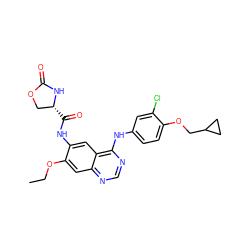 CCOc1cc2ncnc(Nc3ccc(OCC4CC4)c(Cl)c3)c2cc1NC(=O)[C@@H]1COC(=O)N1 ZINC000653914442