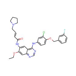 CCOc1cc2ncnc(Nc3ccc(OCc4cccc(F)c4)c(Cl)c3)c2cc1NC(=O)/C=C/CN1CCCC1 ZINC001772608037