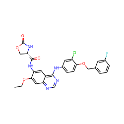 CCOc1cc2ncnc(Nc3ccc(OCc4cccc(F)c4)c(Cl)c3)c2cc1NC(=O)[C@@H]1COC(=O)N1 ZINC000653866638