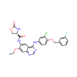 CCOc1cc2ncnc(Nc3ccc(OCc4cccc(F)c4)c(Cl)c3)c2cc1NC(=O)[C@H]1COC(=O)N1 ZINC000653895027