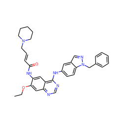 CCOc1cc2ncnc(Nc3ccc4c(cnn4Cc4ccccc4)c3)c2cc1NC(=O)/C=C/CN1CCCCC1 ZINC001772605843