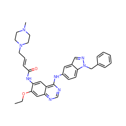 CCOc1cc2ncnc(Nc3ccc4c(cnn4Cc4ccccc4)c3)c2cc1NC(=O)/C=C/CN1CCN(C)CC1 ZINC001772601998