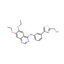 CCOc1cc2ncnc(Nc3cccc(-c4csc(CO)n4)c3)c2cc1OCC ZINC000002047838