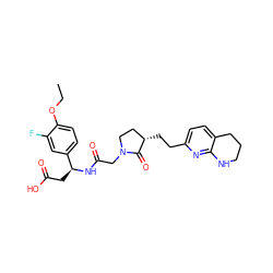 CCOc1ccc([C@H](CC(=O)O)NC(=O)CN2CC[C@H](CCc3ccc4c(n3)NCCC4)C2=O)cc1F ZINC000013436119