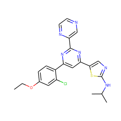 CCOc1ccc(-c2cc(-c3cnc(NC(C)C)s3)nc(-c3cnccn3)n2)c(Cl)c1 ZINC000084712967