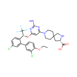 CCOc1ccc(-c2cc(Cl)ccc2[C@@H](Oc2cc(N3CCC4(CC3)CN[C@H](C(=O)O)C4)nc(N)n2)C(F)(F)F)cc1Cl ZINC001772615489