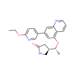 CCOc1ccc(-c2cc(O[C@H](C)[C@H]3CNC(=O)C3)c3cccnc3c2)cn1 ZINC000147819050