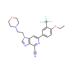 CCOc1ccc(-c2cc3c(ncn3CCN3CCOCC3)c(C#N)n2)cc1C(F)(F)F ZINC000043153889